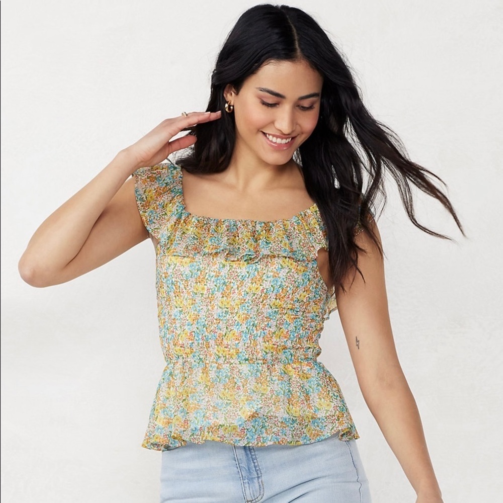 Women’s LC Lauren Conrad Print Smocked Ruffle Tank SZ XS